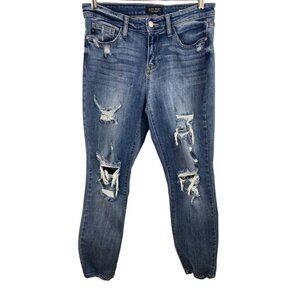 Judy Blue Womens 7/28 Boyfriend Fit Denim Jeans Destroyed Medium Wash